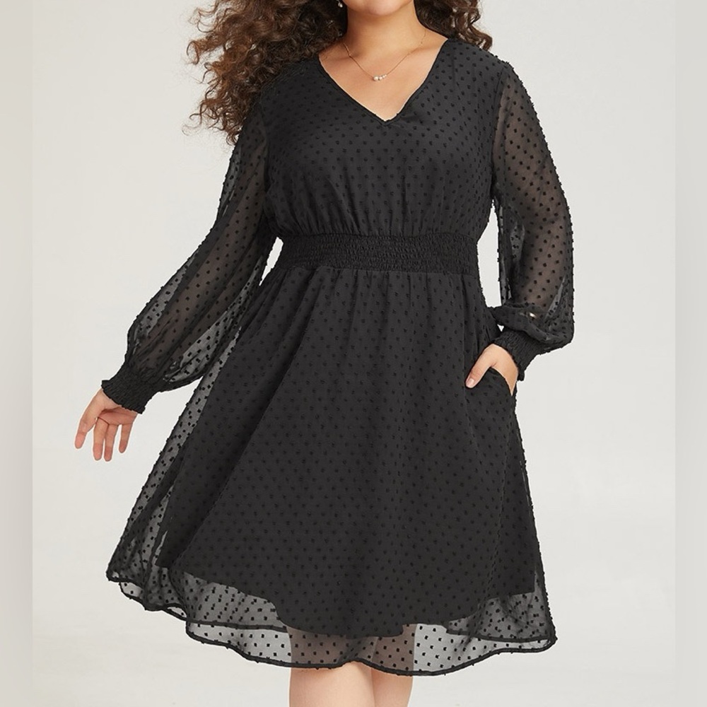 Elegant Black Dot Sheer Overlay Long Sleeve Dress Plus Size 1X